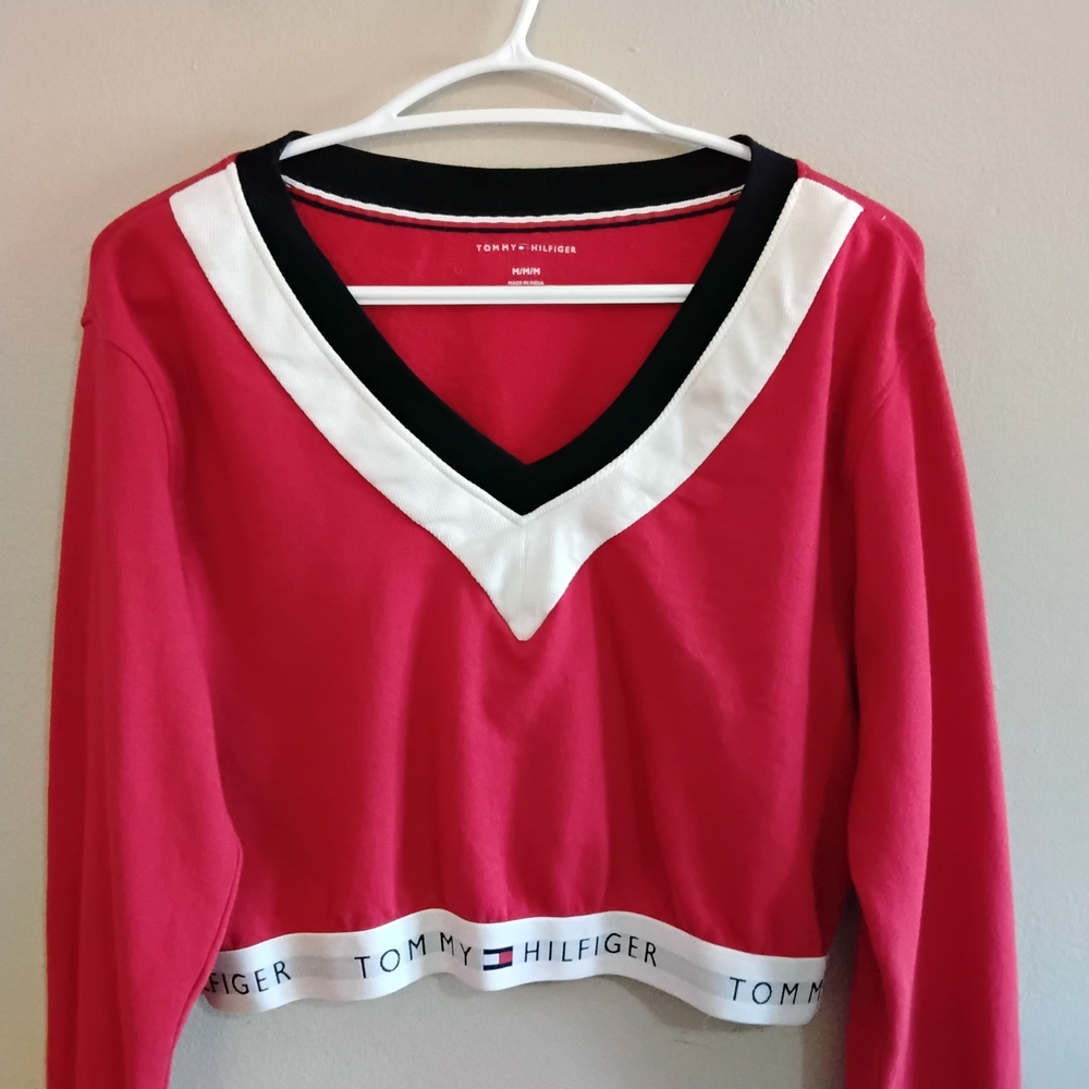 Vintage Tommy Hilfiger Red Cropped V-Neck French Terry Long Sleeve – Medium EUC - Picture 3 of 16